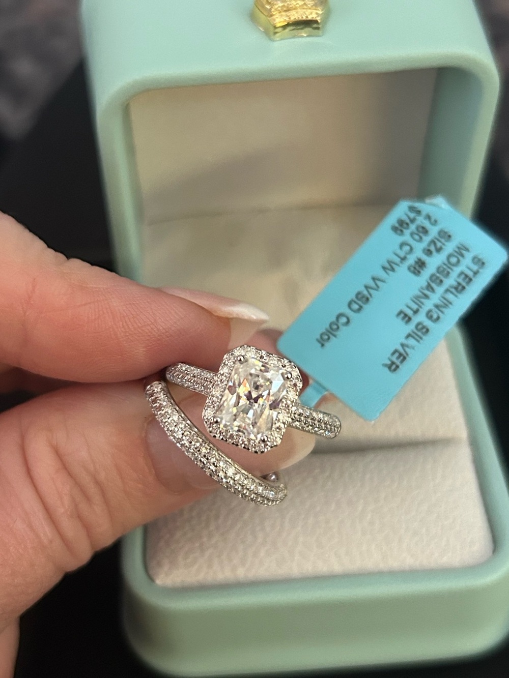 Sterling Silver Moissanite Diamond Halo Engagement Ring SET of two rings size 8